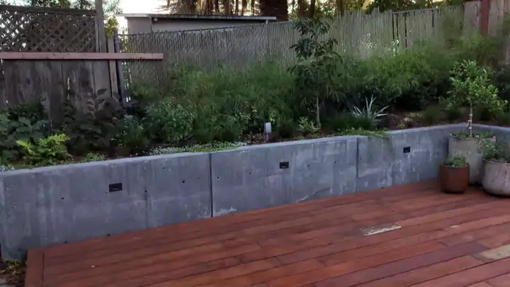 Poured concrete wall with recessed lights, the bed above it grown in